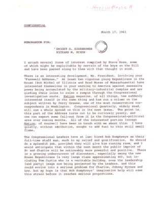 Memorandum from Bryce Harlow to Dwight D. Eisenhower and Richard Nixon Regarding Congressional Reaction to the Farewell Address