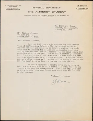 J. E. Reeve (The Amherst Student) typed letter signed to Gardner Jackson, Amherst, Mass., January 30, 1929
