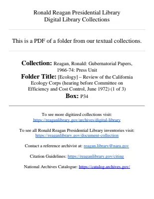 [Ecology] - Review of the California Ecology Corps (hearing before Committee on Efficiency and Cost Control, June 1972) (1 of 3)