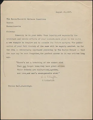 C. I. Claflin typed letter signed to Sacco-Vanzetti Defense Committee, Cambridge, Mass., August 24, 1927
