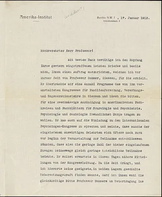 Drechsler, Robert Walter, fl. 1913 typed letter signed to Hugo Münsterberg, Berlin, 17 January 1912