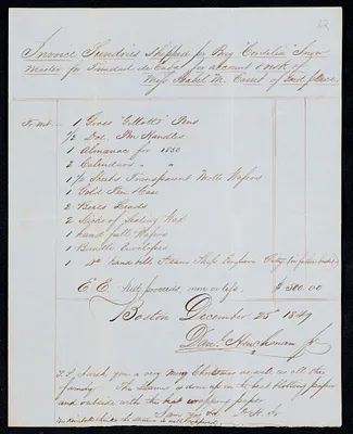 Invoice of sundries shipped on brig Cordelia for Trinidad de Cuba, on account of Isabel M. Carret, December 25, 1849