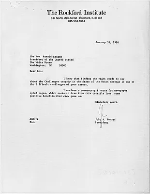 January 28, 1986 letter from John A. Howard to Ronald Reagan, regarding Howard's column on the Space Shuttle Challenger accident