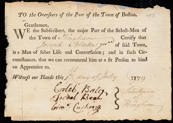 Elizabeth Gray indentured to apprentice with Joseph Blake of Hingham, 8 July 1779