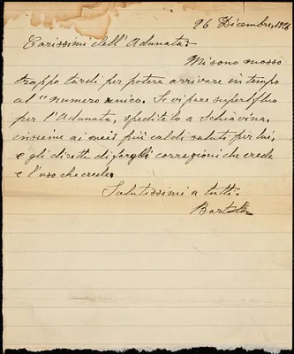 Bartolomeo Vanzetti autographed note signed to "Dear friends from the L'Adunata", [Charlestown], 26 December 1926