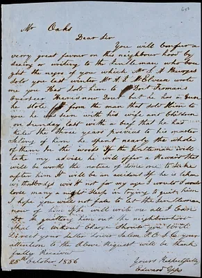 Edward Epps, [Lower Salem Post Office], autograph letter signed to Ziba B. Oakes, 25 October 1856