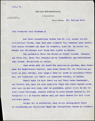 Reisinger, Hugo, 1856-1914 typed letter signed to Hugo Münsterberg, New York, 23 February 1909