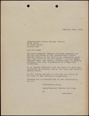 Sacco-Vanzetti Defense Committee typed letter (copy) to Joint Board (International Ladies Garment Workers), Boston, Mass., February 18, 1924