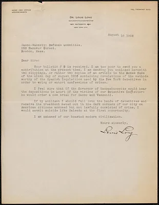 Louis Long typed letter signed to Sacco-Vanzetti Defense Committee, New York, N.Y., August 10, 1926