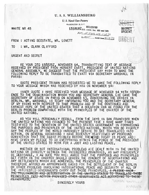Telegram from Acting Secretary of State Robert Lovett to Clark Clifford