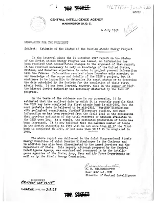 Memorandum from Rear Admiral R. H. Hillenkoetter to President Harry S. Truman