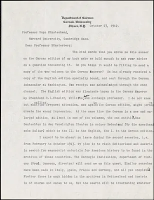 Faust, Albert Bernhardt, 1870-1951 typed letter signed to Hugo Münsterberg, Ithaca, N.Y., 27 October 1912