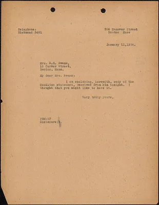 [Fred H. Moore] typed note signed to E[lizabeth] G[lendower] Evans, Boston, Mass., January 11, 1924
