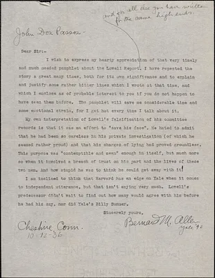 Bernard M. Allen autograph letter signed to John Dos Passos, Cheshire, Conn., October 12, 1936