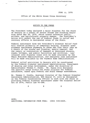 President today declared a major disaster for the State of Georgia as a result of severe storms and flooding beginning May 28, 1976 [Disaster Declaration]