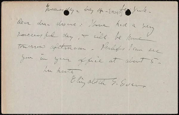 Elizabeth G[lendower] Evans autograph note signed to [Fred H.] Moore, New York, N. Y., May 14, [1924?]
