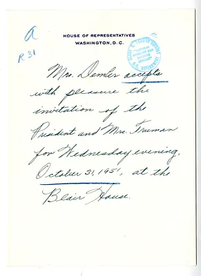 Invitation Reply from Mrs. Douglas Demler to the White House Social Office