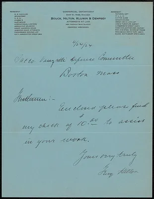 Gerry Hilton autograph note signed to Sacco-Vanzetti Defense Committee, Oshkosh, Wisc., April 24, 1924
