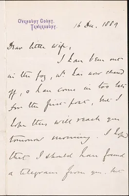 [John Biddulph Martin] autograph note to [Victoria Woodhull Martin], Tewkesbury [England], December 16, 1889