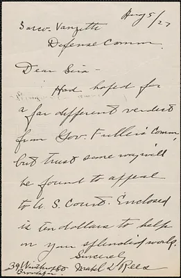 Mabel L. Rees autograph note signed to Sacco-Vanzetti Defense Committee, Brooklyn, N.Y., August 5, 1927