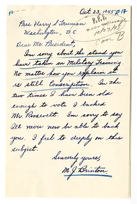 Letter from M. J. Brinton to President Harry S. Truman
