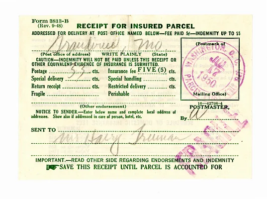 Receipt for Insured Parcel Mailed to President Harry S. Truman in Grandview, Missouri