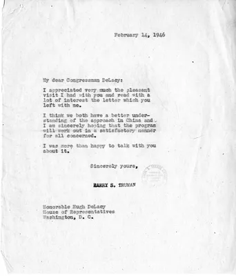 Correspondence Between President Harry S. Truman and Congressman Hugh De Lacy
