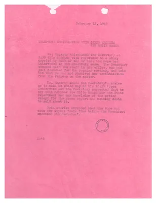 Memo of Telephone Call Between John Foster Dulles and James Hagerty Regarding the Pope and the Rosenberg Case
