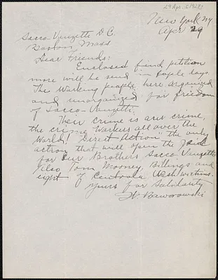 W. Baworowski autograph letter signed to Sacco-Vanzetti Defense Committee, New York, N.Y., April 29, [1927]