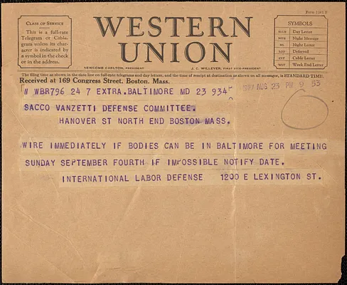 International Labor Defense telegram to Sacco-Vanzetti Defense Committee, Chicago, Ill., August 23, 1927
