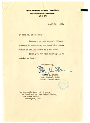 Letter from Rear Admiral Ellery Stone to President Harry S. Truman, with Attachment