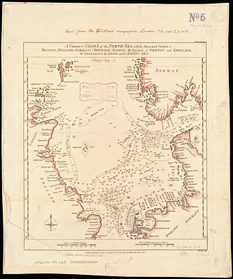 A correct chart of the North Sea, with the adjacent coasts of Britain, Holland, Germany, Denmark, Norway, the islands of Orkney and Shetland, the entrance to the Sound and the Baltic Sea