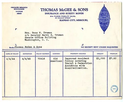 Receipt for Automobile Insurance, Thomas McGee & Sons