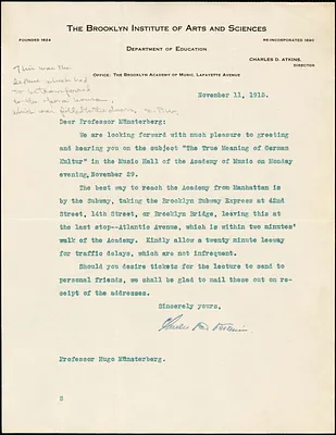 Atkins, Charles D., fl. 1915. typed letter signed to Hugo Münsterberg, Brooklyn, N.Y., 11 November 1915