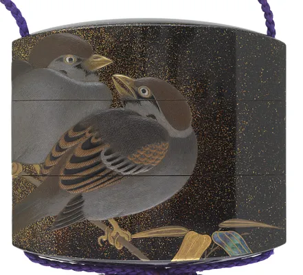 Inro with Two Sparrows on Bamboo with Netsuke of a Rat on a Clam Shell
