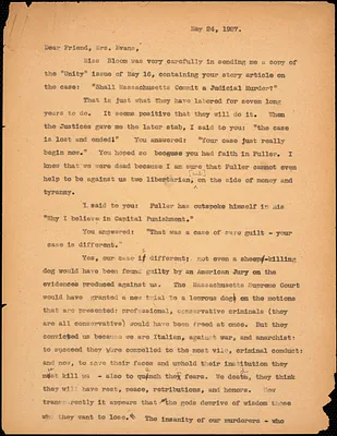 Bartolomeo Vanzetti typed letter (copy) to Elizabeth Glendower Evans, [Dedham], 24 May 1927