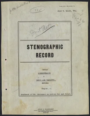 Herbert Brutus Ehrmann Papers, 1906-1970. Sacco-Vanzetti. Frederick G. Katzman: Argument on motion of new trial, November 5, 1921. Box 12, Folder 23, Harvard Law School Library, Historical & Special Collections