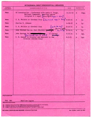 Withdrawal Sheet, with Attached Memorandum from John Sherman