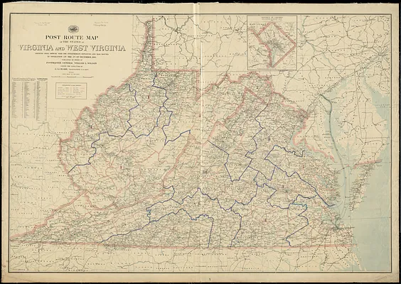 Post route map of the states of Virginia and West Virginia showing post offices with the intermediate distances and mail routes in operation on the 1st of December, 1895