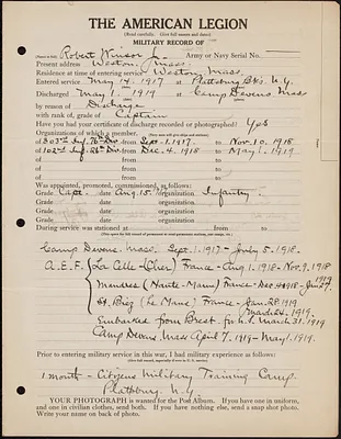 American Legion military record of Robert Winsor, Jr.