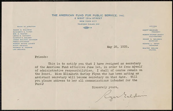 Roger N. Baldwin (The American Fund For Public Service, Inc.) typed note signed to Sacco-Vanzetti Defense Committee, New York, N.Y., May 25, 1925
