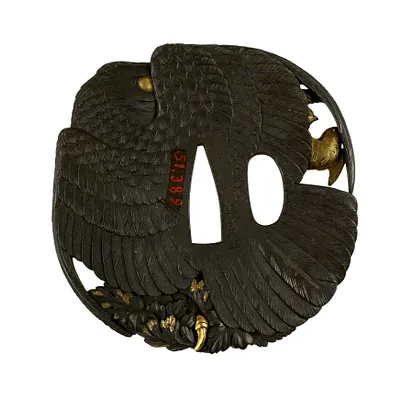 Tsuba with a Hawk, Sparrows and Chrysanthemums