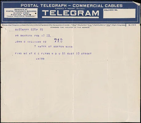 Jacob [Krauser] telegram to John D. Williams, New York, N. Y., February 12, 1923