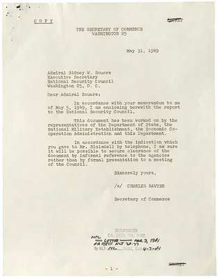 Letter from Secretary of Commerce Charles Sawyer to Sidney Souers with Attachment