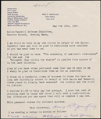 Amy Juengling typed letter signed to Sacco-Vanzetti Defense Committee, Eden Valley, N.Y., May 18, 1927