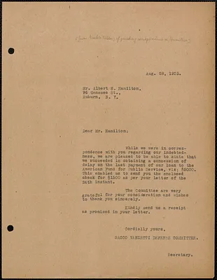 Amleto Fabbri (Sacco-Vanzetti Defense Committee) typed letter (copy) to Albert H. Hamilton, Boston, Mass., August 28, 1925