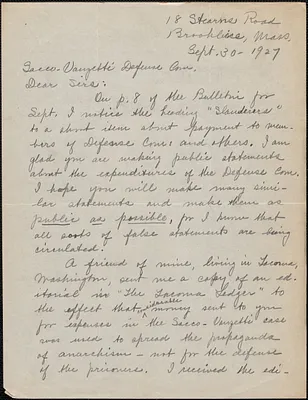 Lydia G. Wentworth autograph letter signed to Sacco-Vanzetti Defense Committee, Brookline, Mass., September 30, 1927