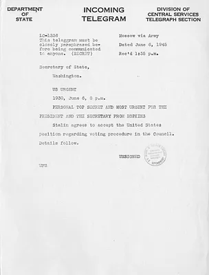 Telegram from Harry Hopkins to  Secrertary of State Edward Stettinius