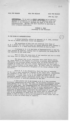 Press Release, Veto Message from President Harry S. Truman to the House of Representatives