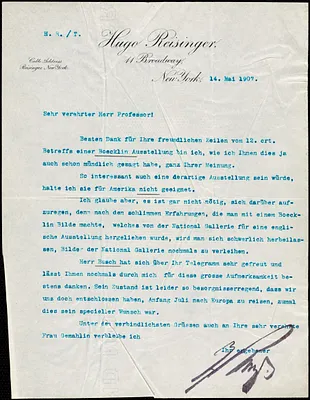 Reisinger, Hugo, 1856-1914 typed letter signed to Hugo Münsterberg, New York, 14 May 1907